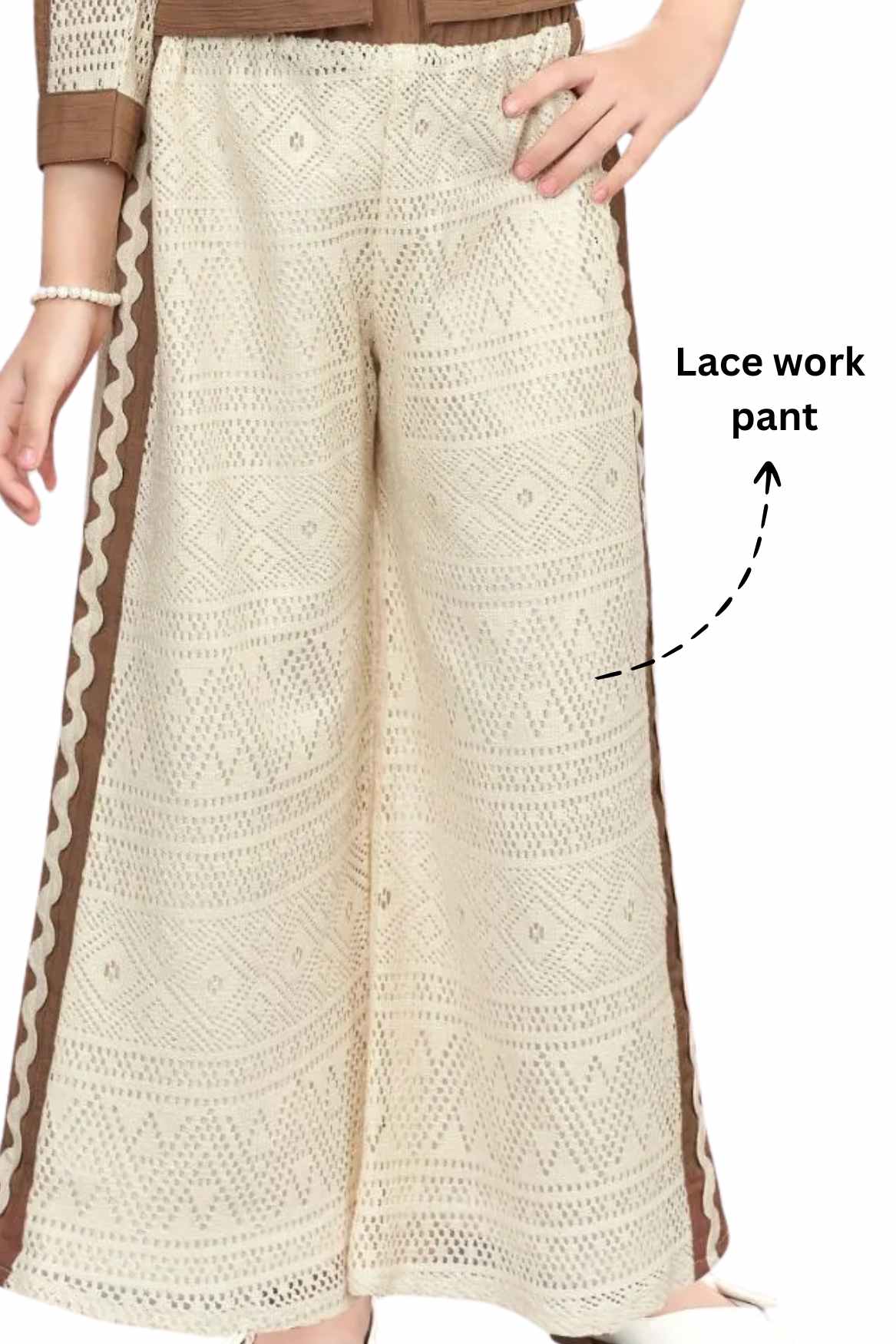 Brown And Cream Co-Ord Set with Lace Cropped Jacket For Girls