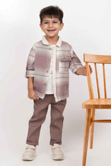 Onion Pink Checked Shirt And Pant Set With White T Shirt For Boys