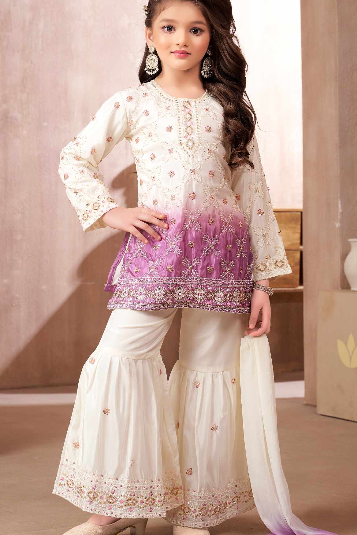 Ivory And Lavender Ombre Embroidered Kurti Sharara Set with Dupatta for Girls