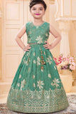 Green Floral Brocade Lehenga Choli Set For Girls