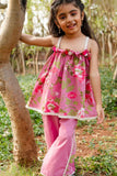 Pink Floral Printed Top With Lace Trim Palazzo Set For Girls