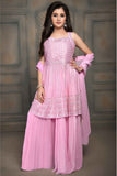 Pink Sleeveless And Mirror Work With Sequins Embroidery Top And Palazzo Set For Girls