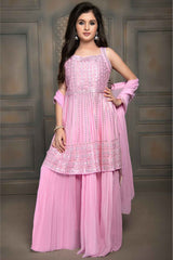 Pink Sleeveless And Mirror Work With Sequins Embroidery Top And Palazzo Set For Girls