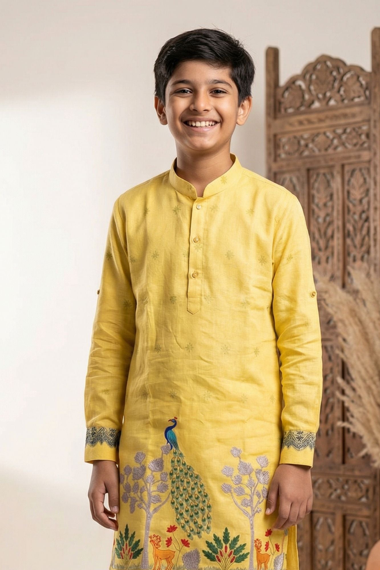 Mustard Yellow Peacock Printed Kurta Pyjama Set For Boys