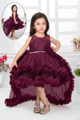 Wine Sleeveless And Floral Embellished Tail Back Frock For Girls