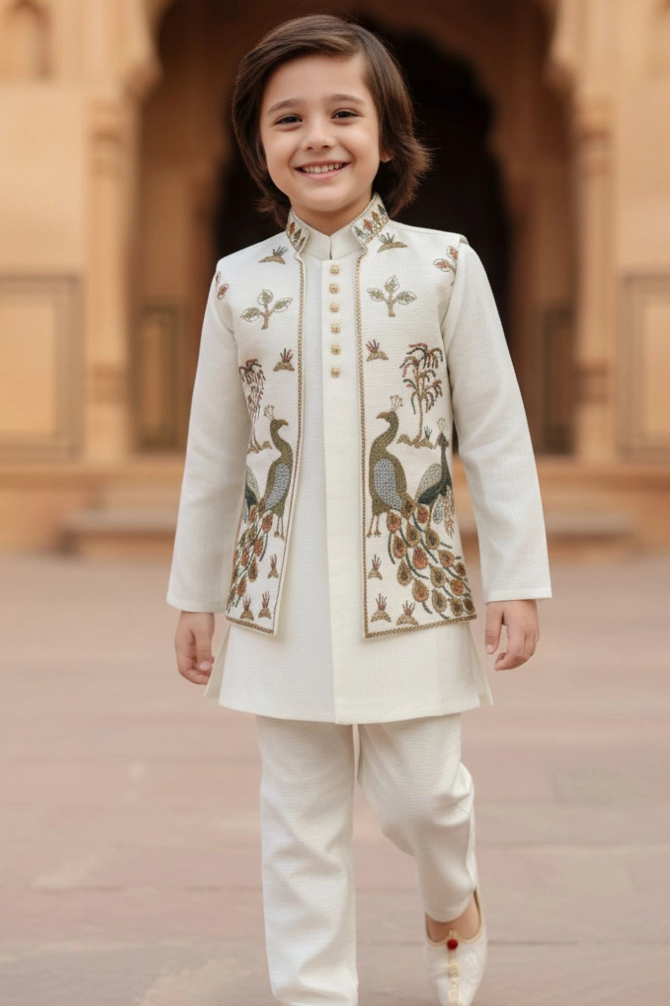 Ivory Embroidered Kurta Jacket Set with Peacock Motif For Boys