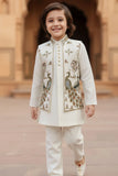 Ivory Embroidered Kurta Jacket Set with Peacock Motif For Boys