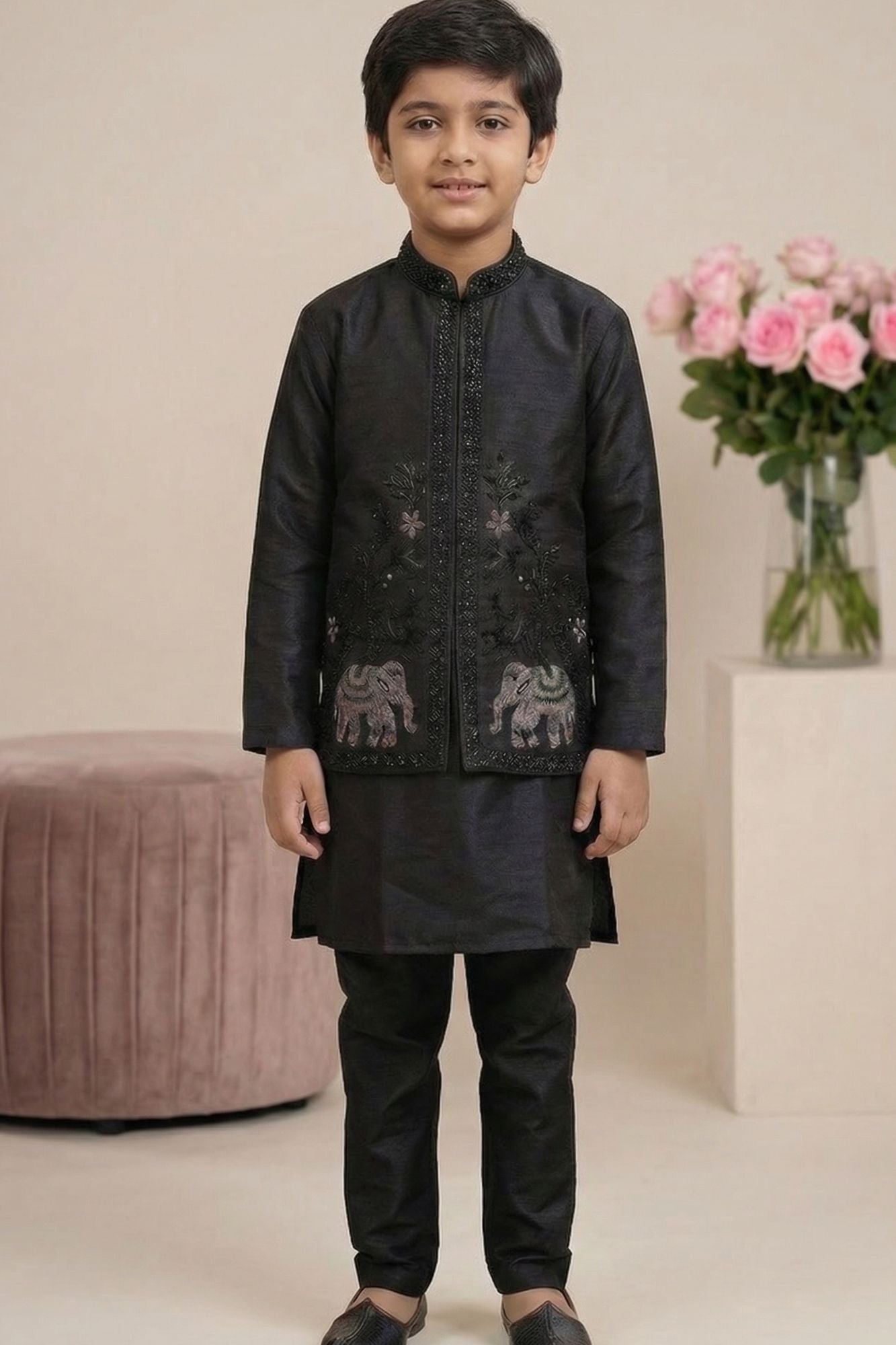 Royal Black Elephant Embroidered Jacket Kurta Set For Boys