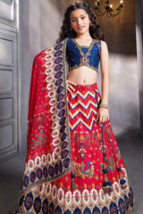 Red And Navy Sequins Work And Zari Embroidered Lehenga Choli For Girls