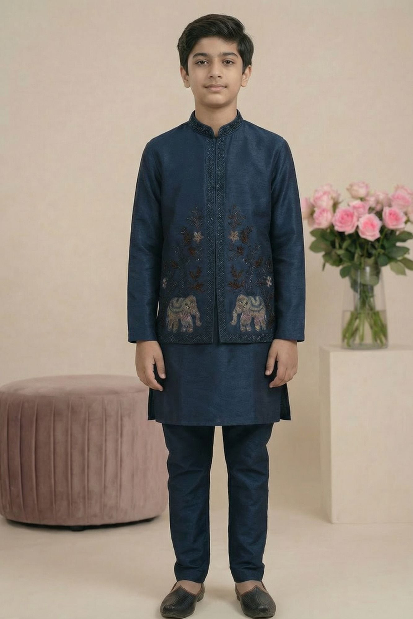 Navy Blue Elephant Embroidered Jacket Kurta Set For Boys