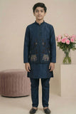 Navy Blue Elephant Embroidered Jacket Kurta Set For Boys