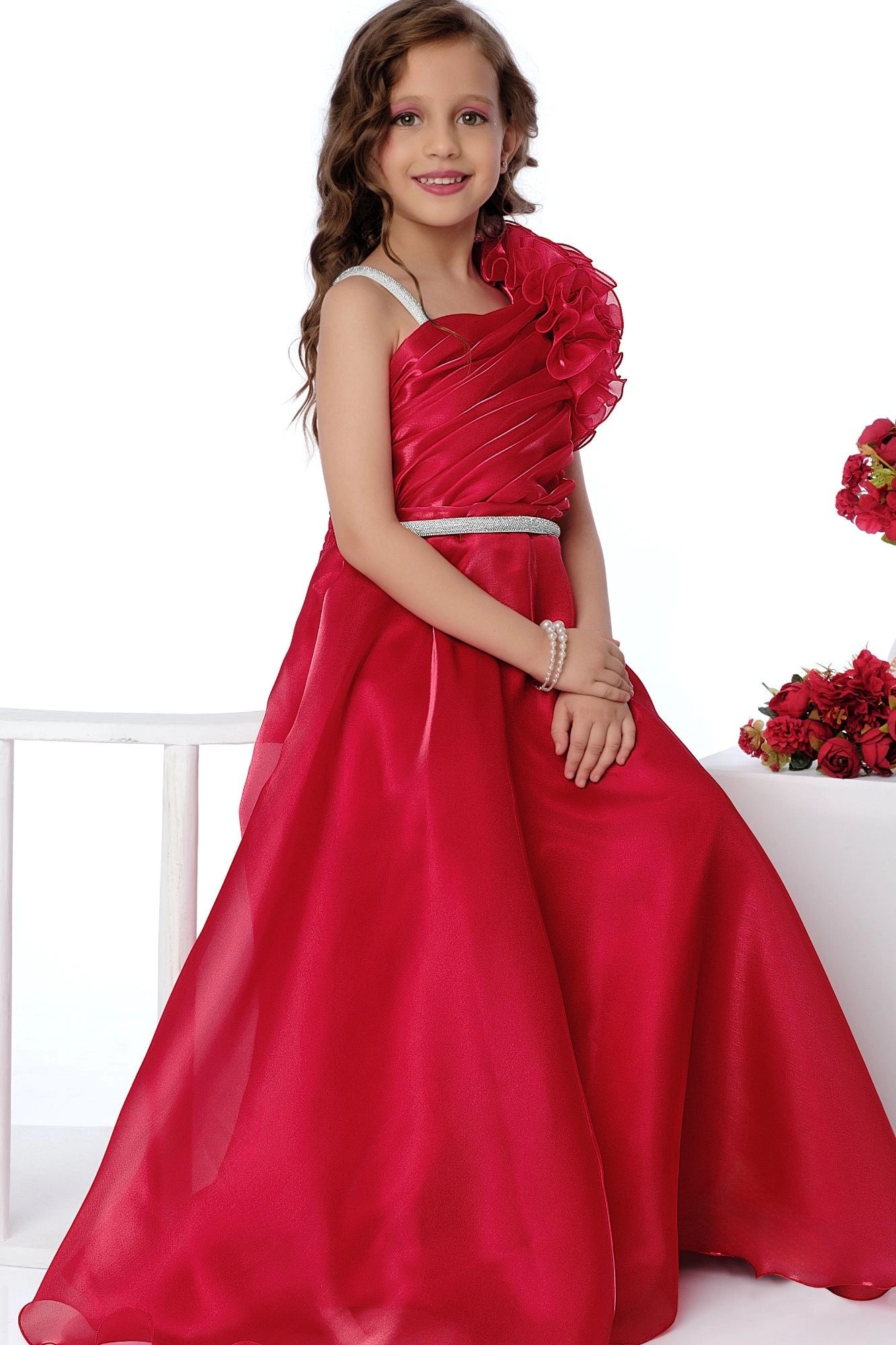 Designer Red Floral Appliqué Party Wear Gown For Girls