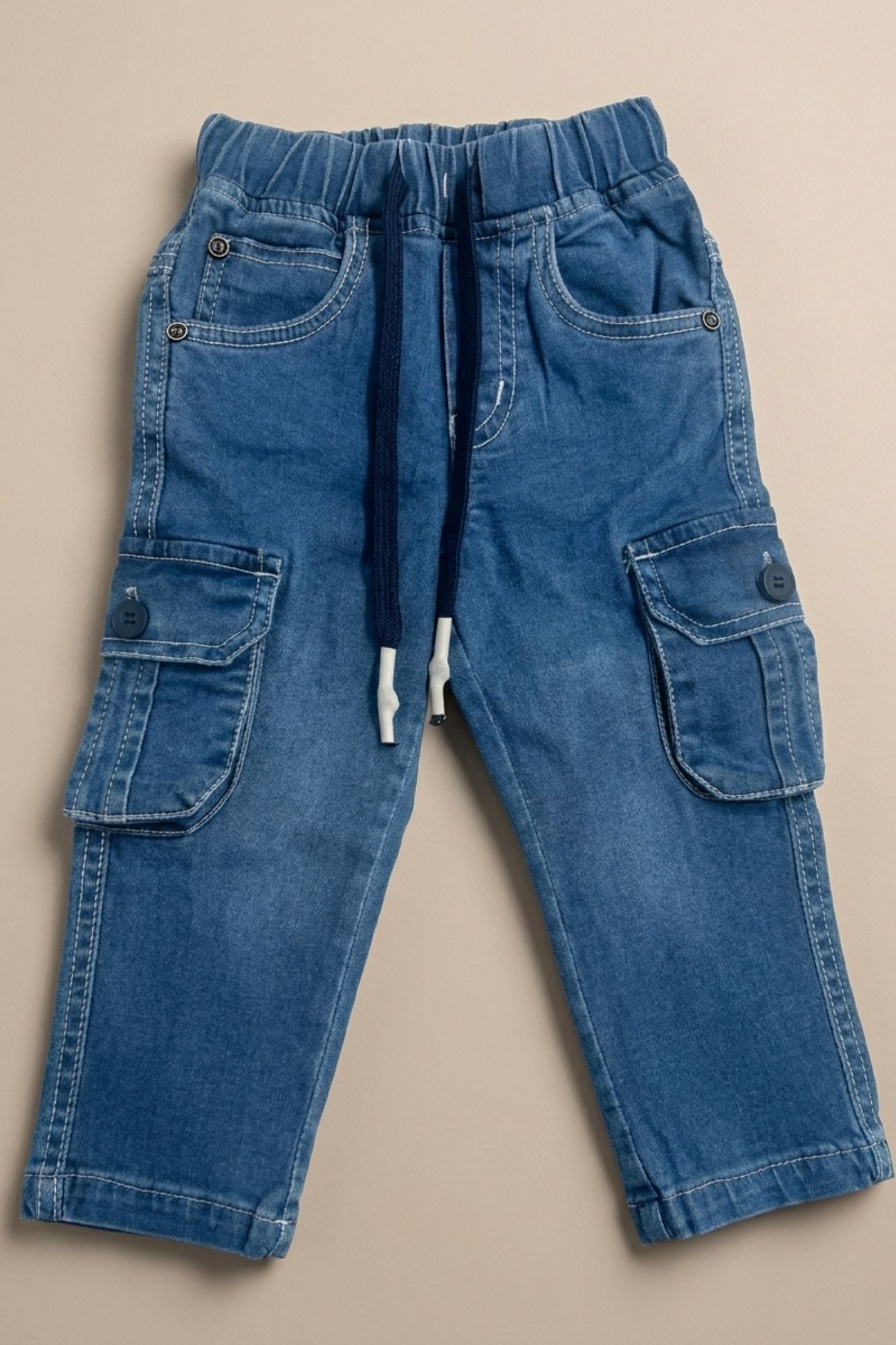 Classic Blue Denim Cargo Jeans with Drawstring Waist