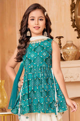 Green Mirror Work Kurti With Sequins And Zari Embroidered Dhoti Set For Girls