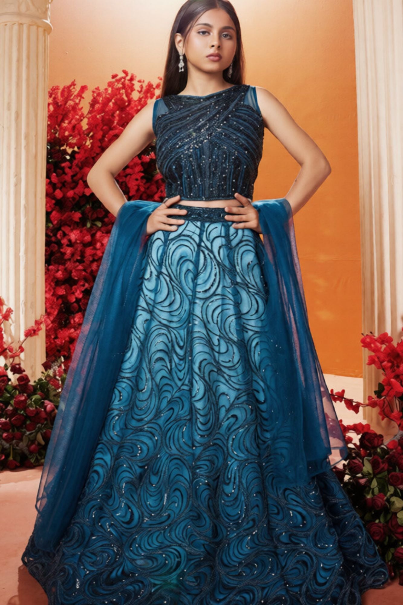 Peacock Blue Sequin Embellished Lehenga Choli Set For Girls