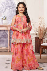 Peach Sleeveless And Sequins Embroidery With Floral Printed Sharara Set For Girls