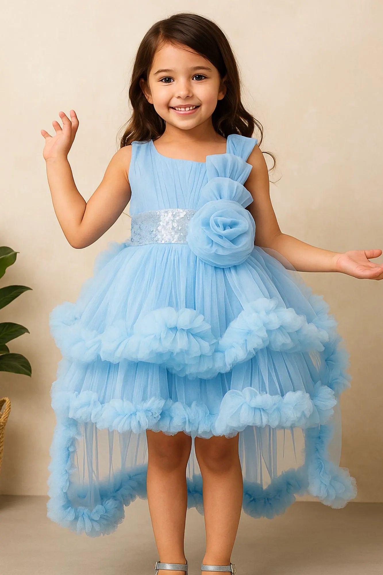 Sky Blue Layered Ruffled With Sequins Party Frock For Girls