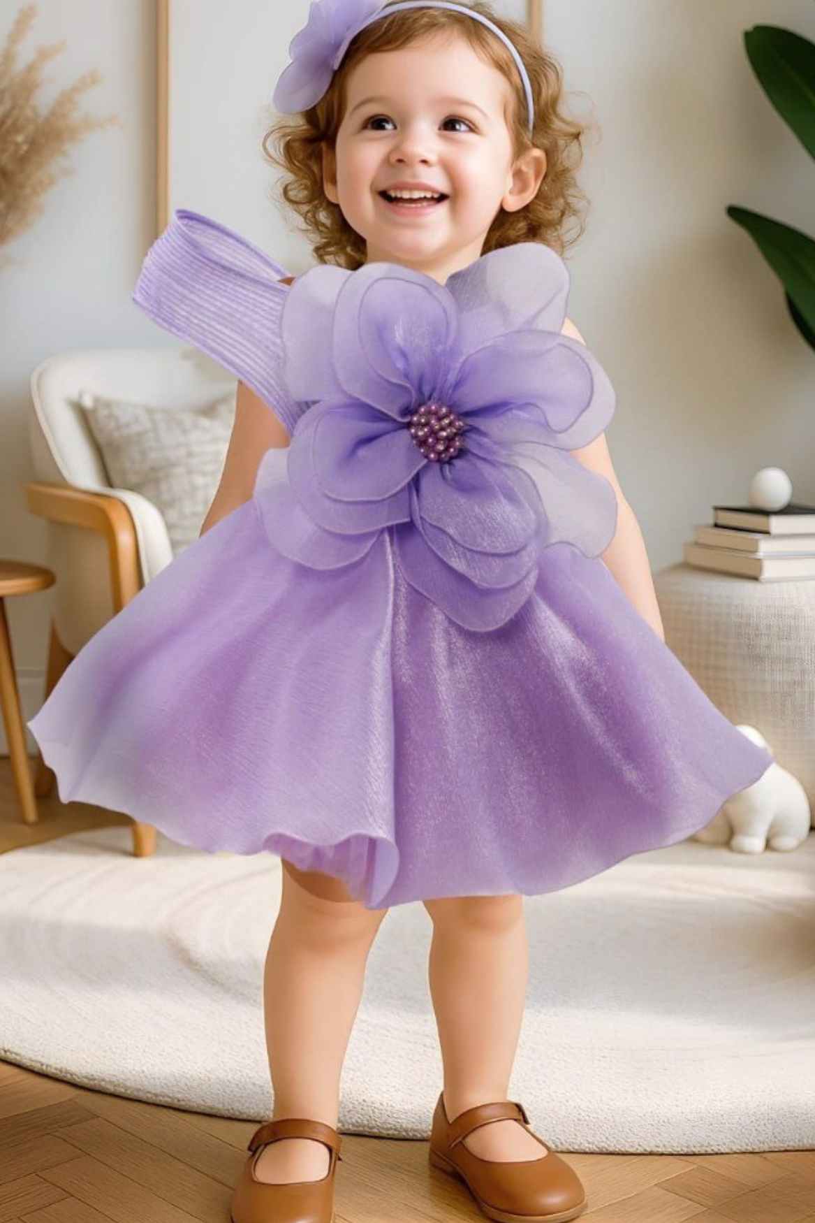 Purple Bloom Dress with Giant Flower Appliqué And Bow Detail For Girls