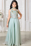 Girls Aqua Blue Sequin Embroidered Halter Neck Palazzo Set With Dupatta