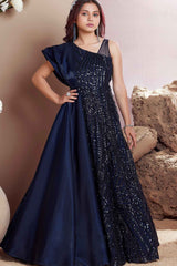 Navy Blue Sequined Partywear Gown For Girls