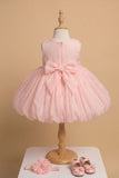 Peach Party Frock with Oversized Floral Appliqué and Pleated Shine Finish For Girls