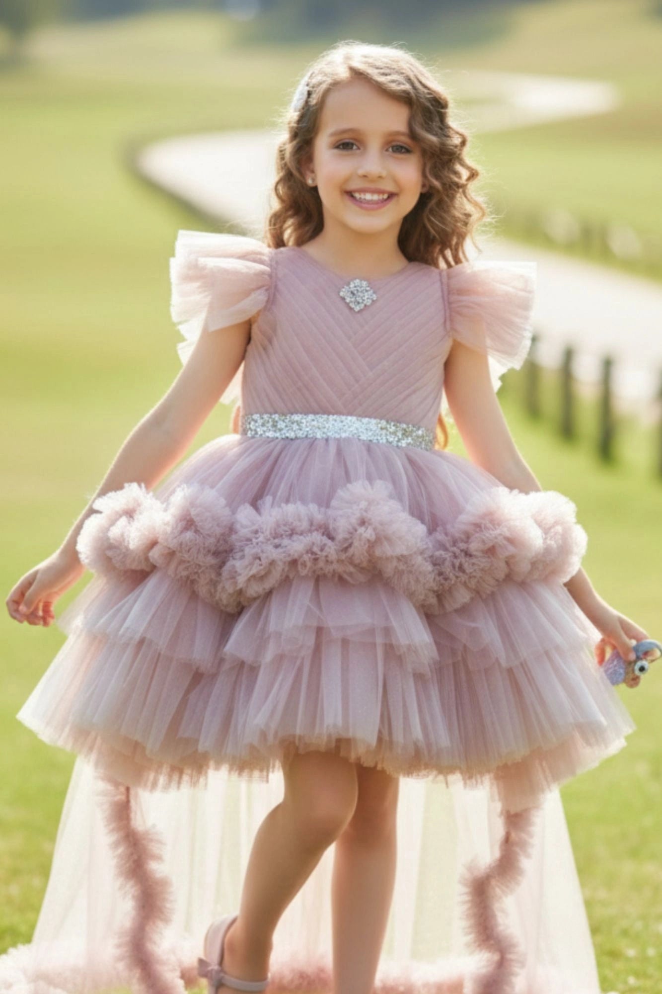 Onion Pink Ruffle Trail Party Gown with Sparkle Belt For Girls