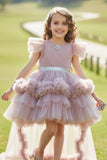 Onion Pink Ruffle Trail Party Gown with Sparkle Belt For Girls