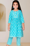 Sky Blue Printed Kurta Set with Tassel Detail For Girls