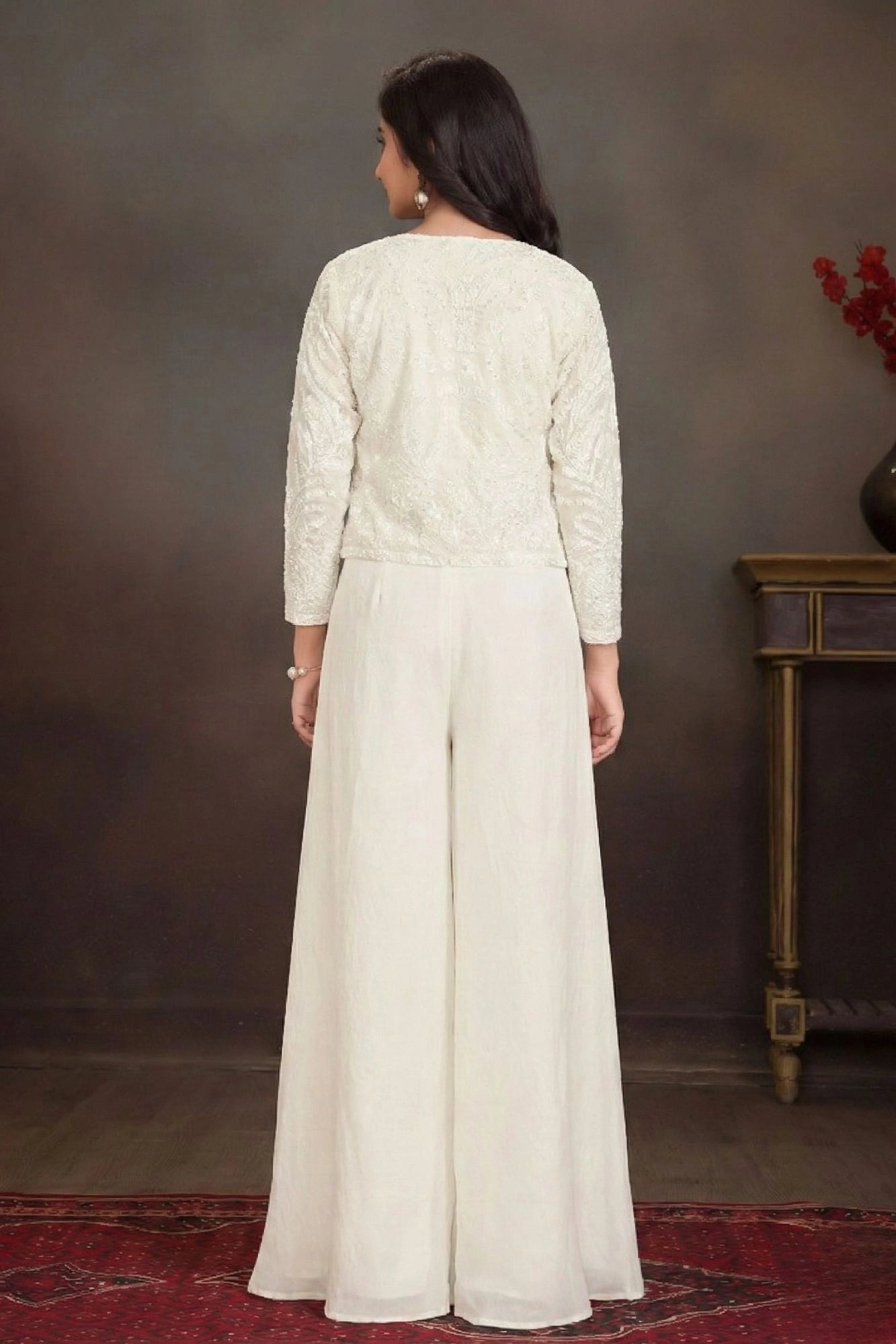 Cream Embroidered Embroidered Palazzo Set With Jacket for Girls
