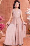 Girls Blush Pink Bead And Sequin Embellished Palazzo Set with Dupatta