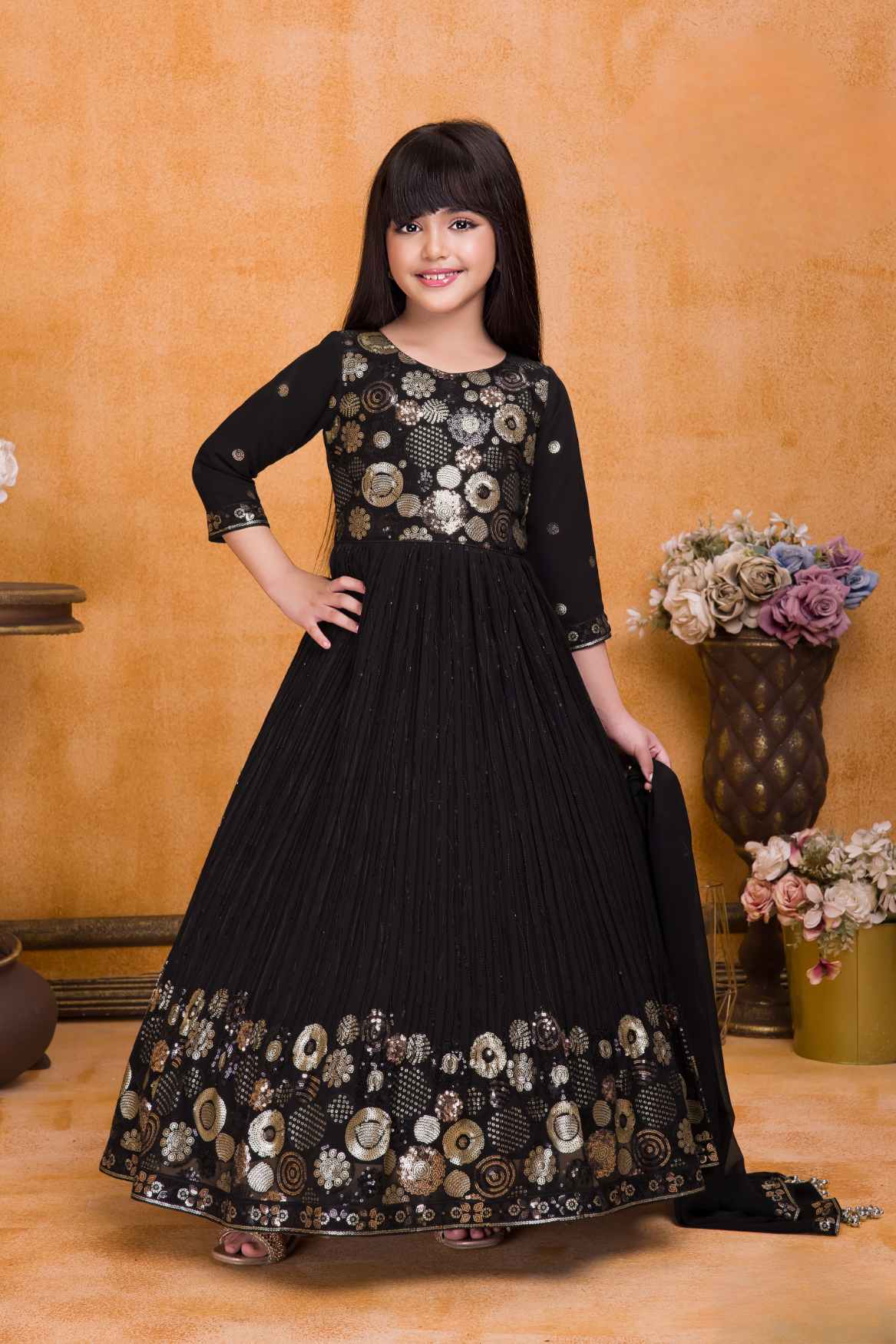 Classic Black Sequins Embroidered Ethnic Gown For Girls