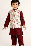 Maroon Kurta Set With Cream Floral Printed And Thread Work Jacket For Boys
