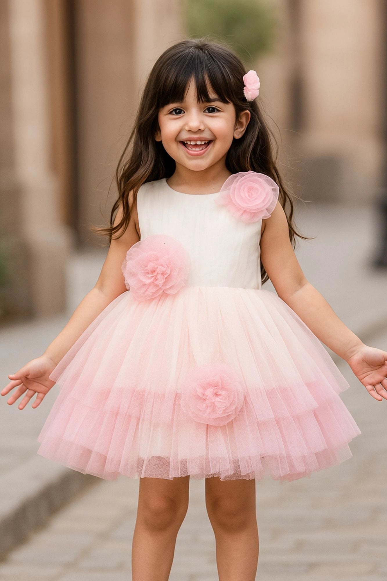 Pink & White Embellished Party Wear Frock with Floral Appliqué For Girls