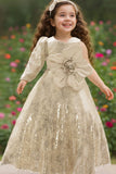 Fawn Sequin Party Gown with Oversized Floral Bow For Girls