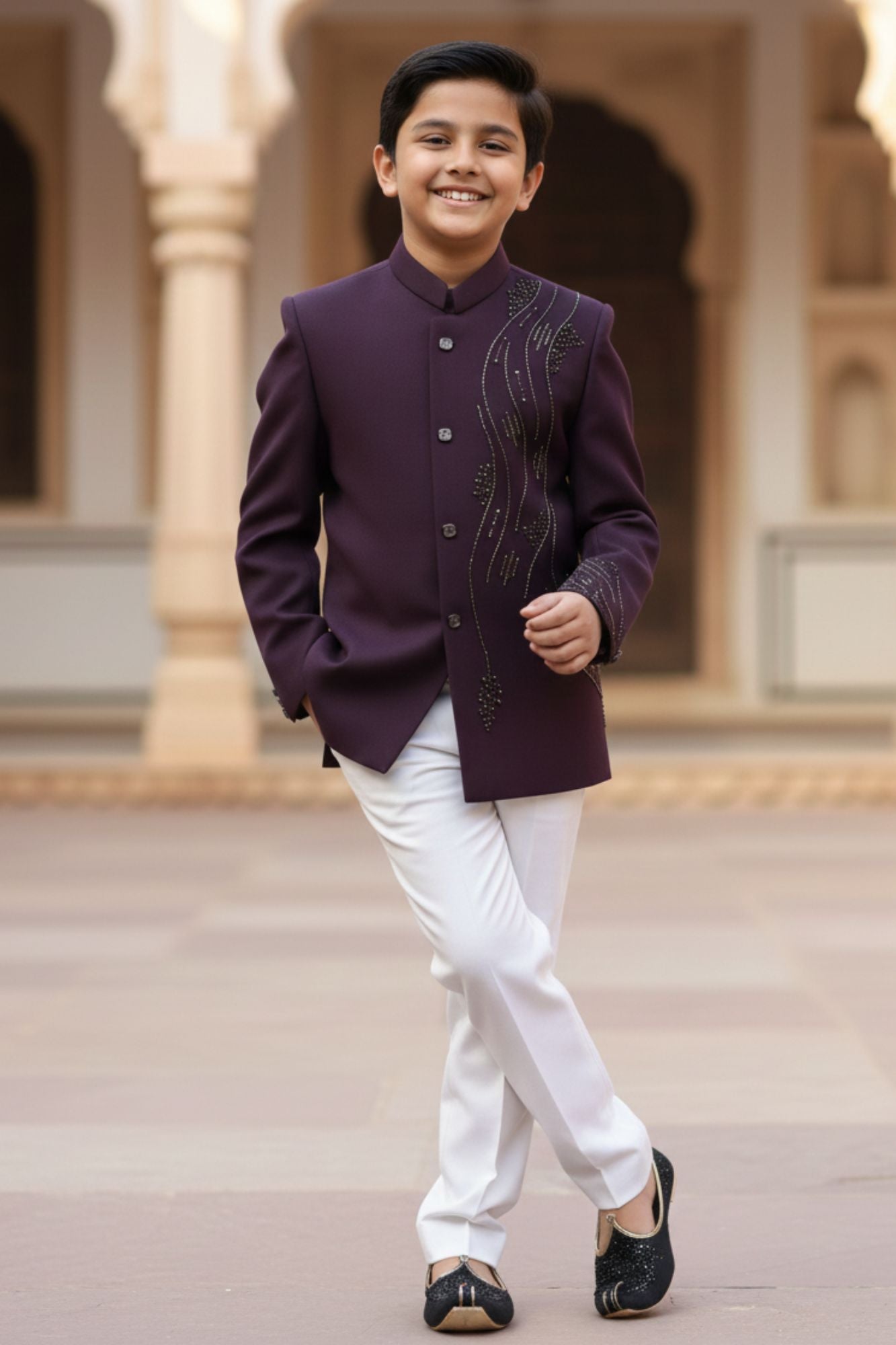 Deep Plum Embroidered Jodhpuri Suit Set with Trouser For Boys