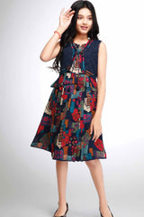 Navy Blue Printed And Sequins Work Frock With Waist Coat For Girls