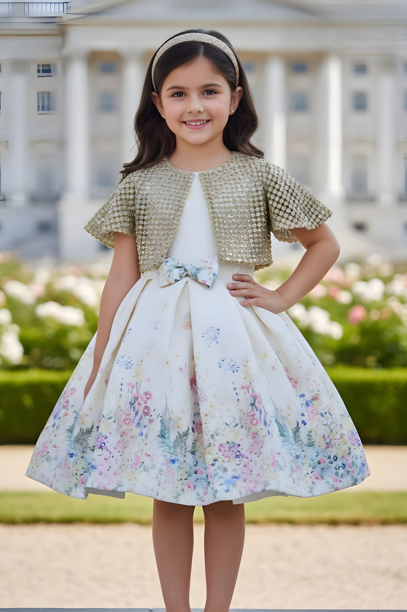 Ivory Floral Party Wear Frock with Golden Jacket And Bow Waist Accent For Girls