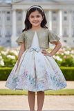 Ivory Floral Party Wear Frock with Golden Jacket And Bow Waist Accent For Girls
