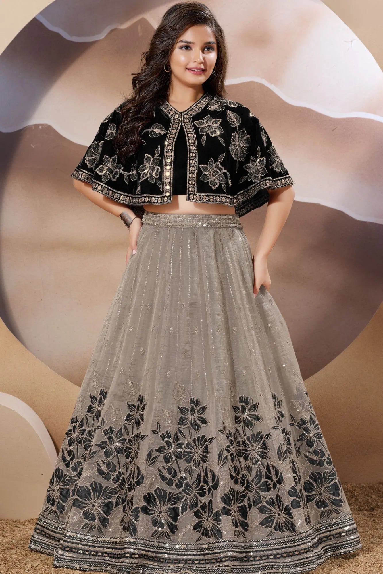 Midnight Black And Silver Floral Embroidered Lehenga Choli Set For Girls