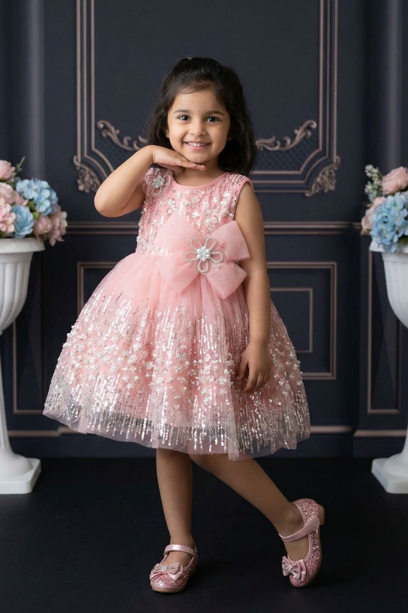 Blush Pink Sequin Embellished Bow Party Wear Frock For Girls