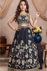 Navy Blue Sequin Work And Zari Embroidery Lehenga Choli Set For Girls