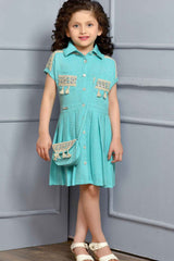 Blue Thread Work Casual Dress With Sling Bag For Girls