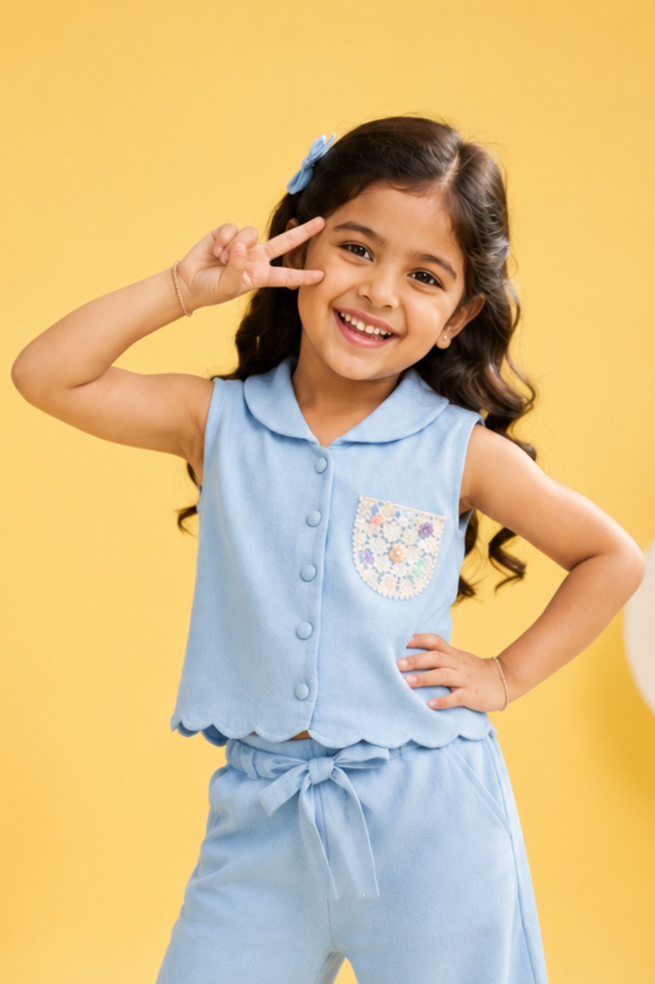 Girls Sky Blue Sleeveless Embroidered Co-Ord Set with Wide Leg Pants