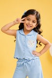 Girls Sky Blue Sleeveless Embroidered Co-Ord Set with Wide Leg Pants