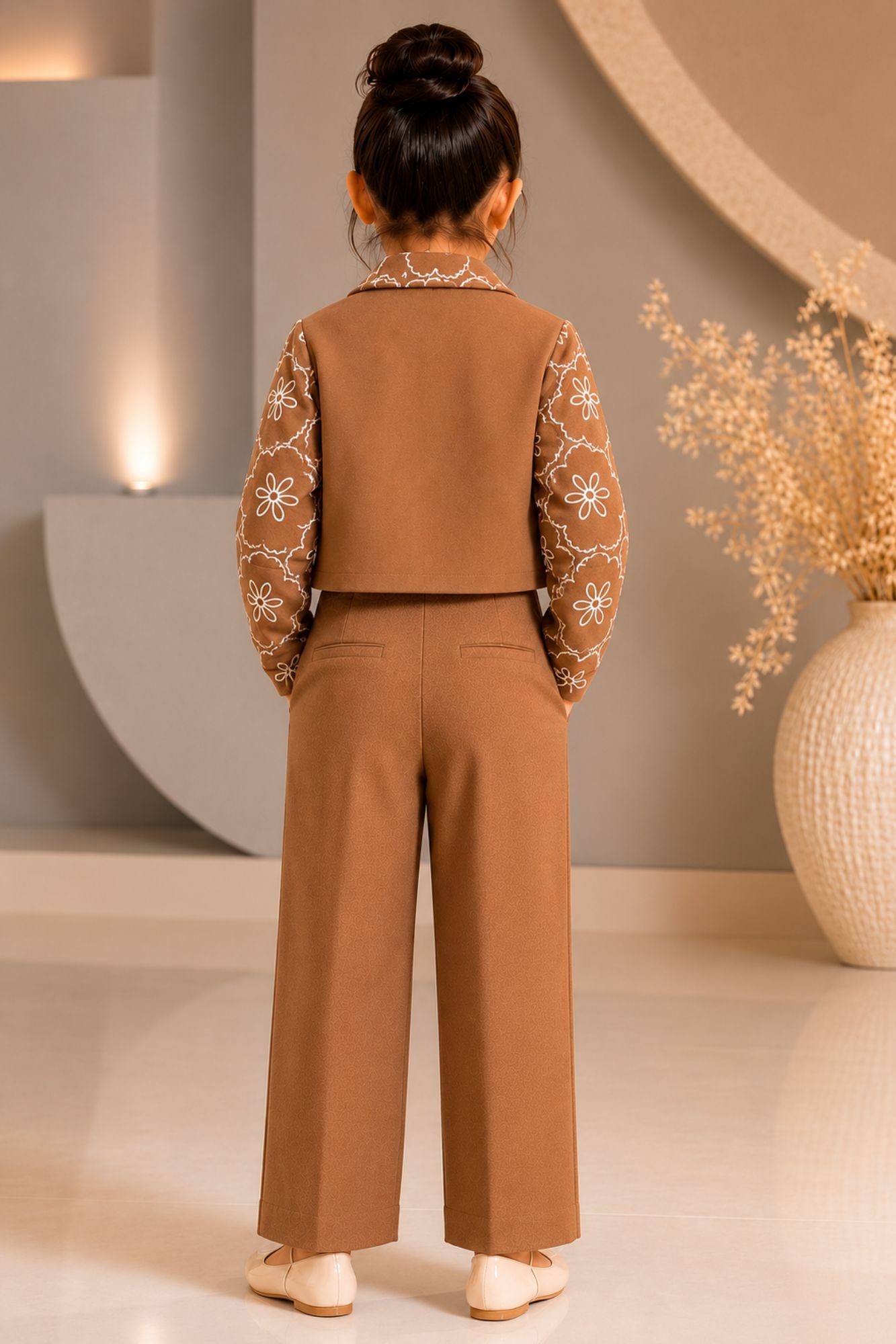 Mocha Embroidered Co-ord Set with Cropped Jacket For Girls