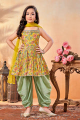 Mustard Floral Printed And Sequin Top With Dhoti Bottom Set For Girls