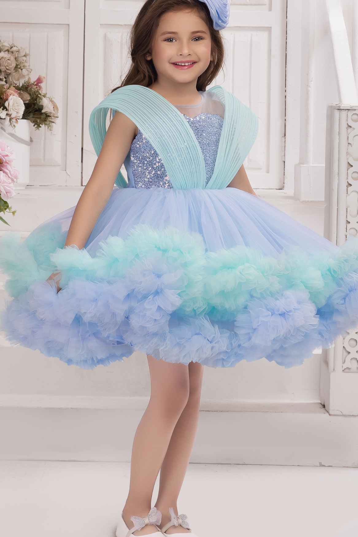 Blue Ruffle Party Frock with Sequins Embellishment For Girls