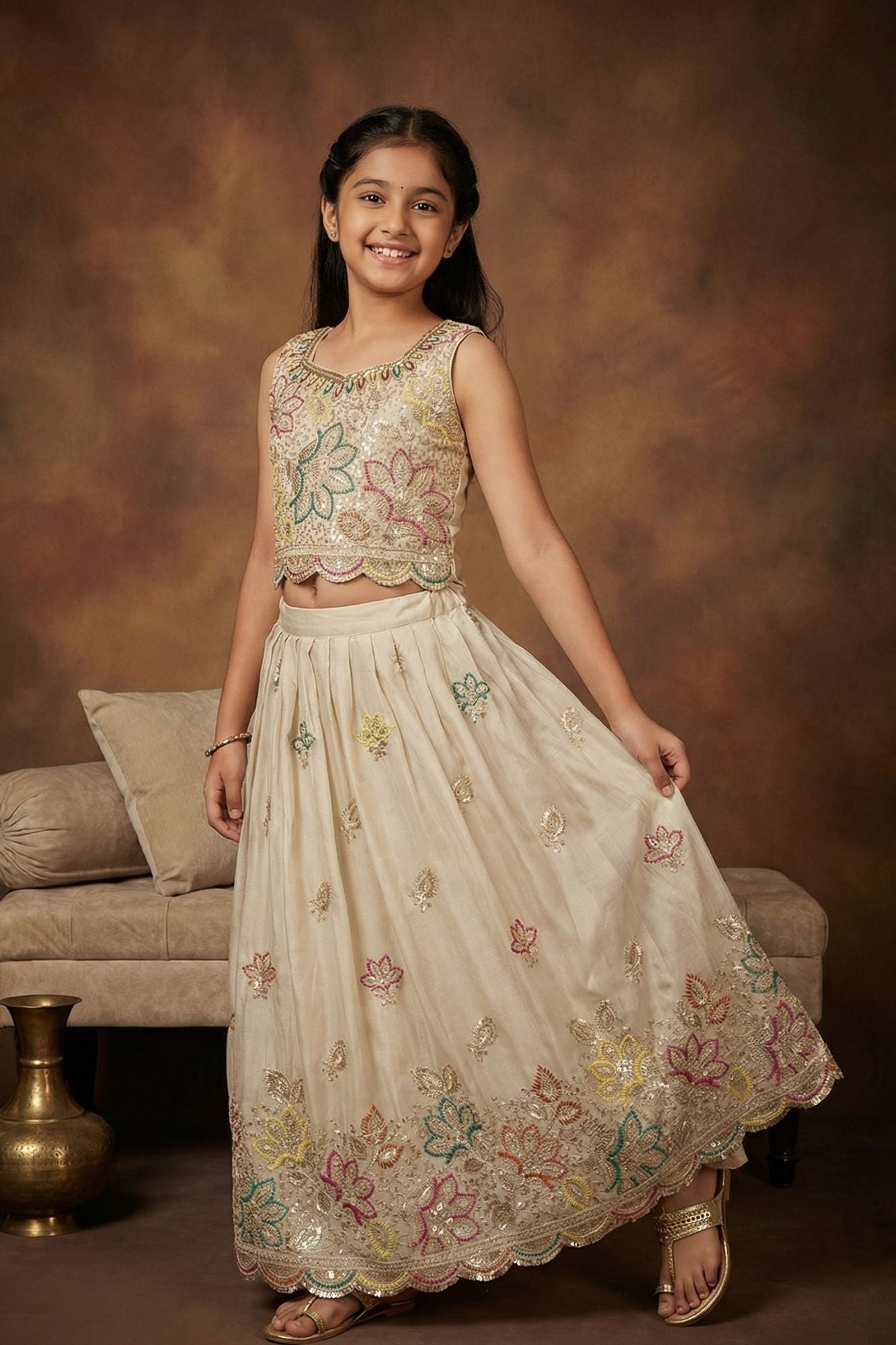Elegant Ivory Multicolor Embroidered Lehenga Choli For Girls