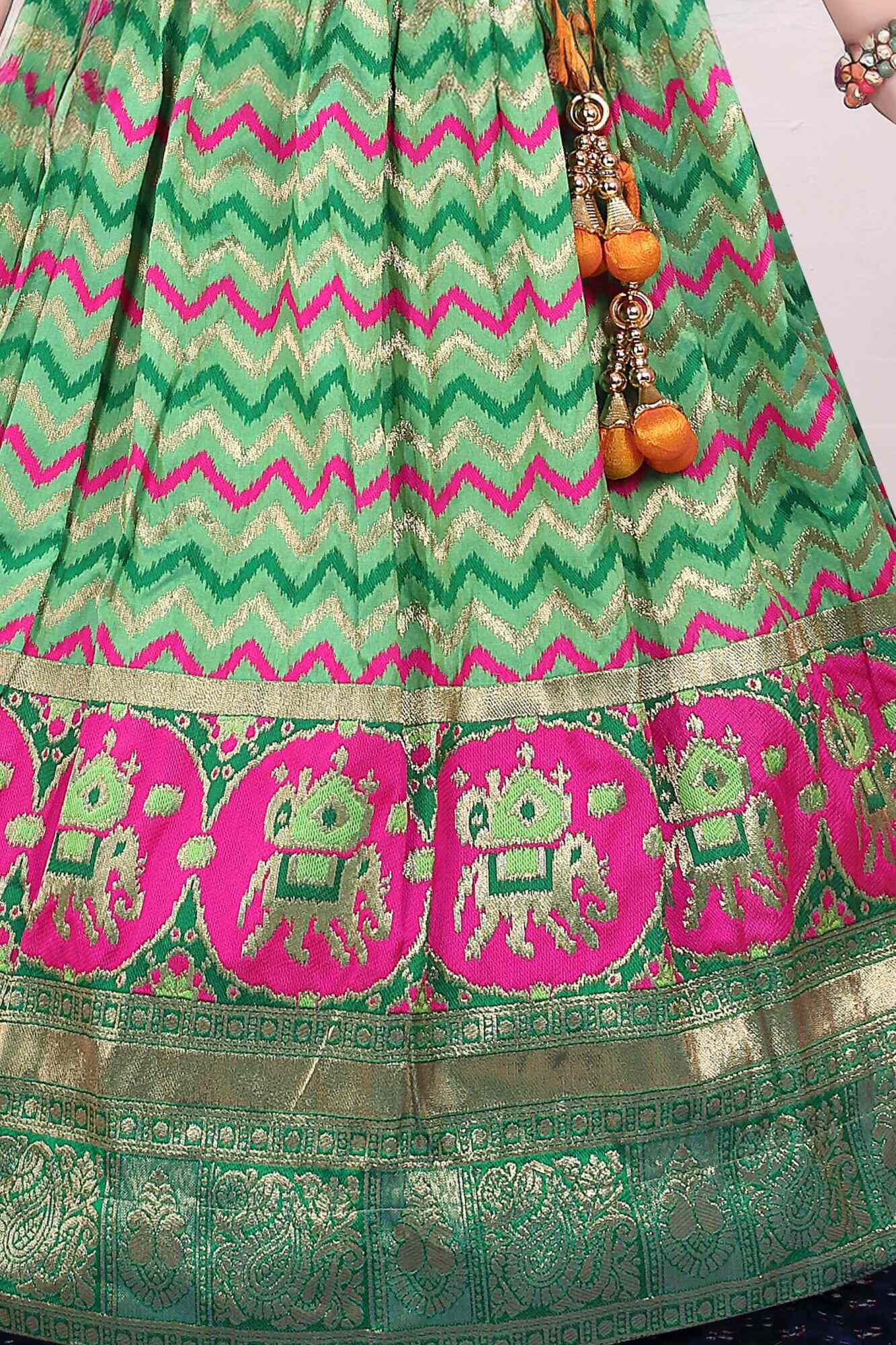 Yellow And Green Printed Silk Pattu Pavadai For Girls