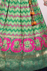 Yellow And Green Printed Silk Pattu Pavadai For Girls